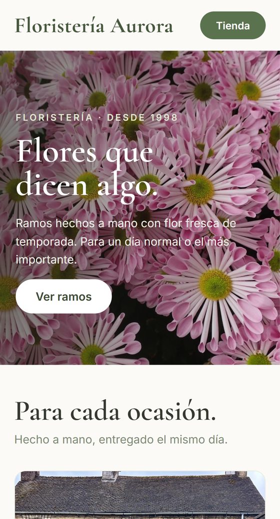 Floristería — web rediseñada, en móvil